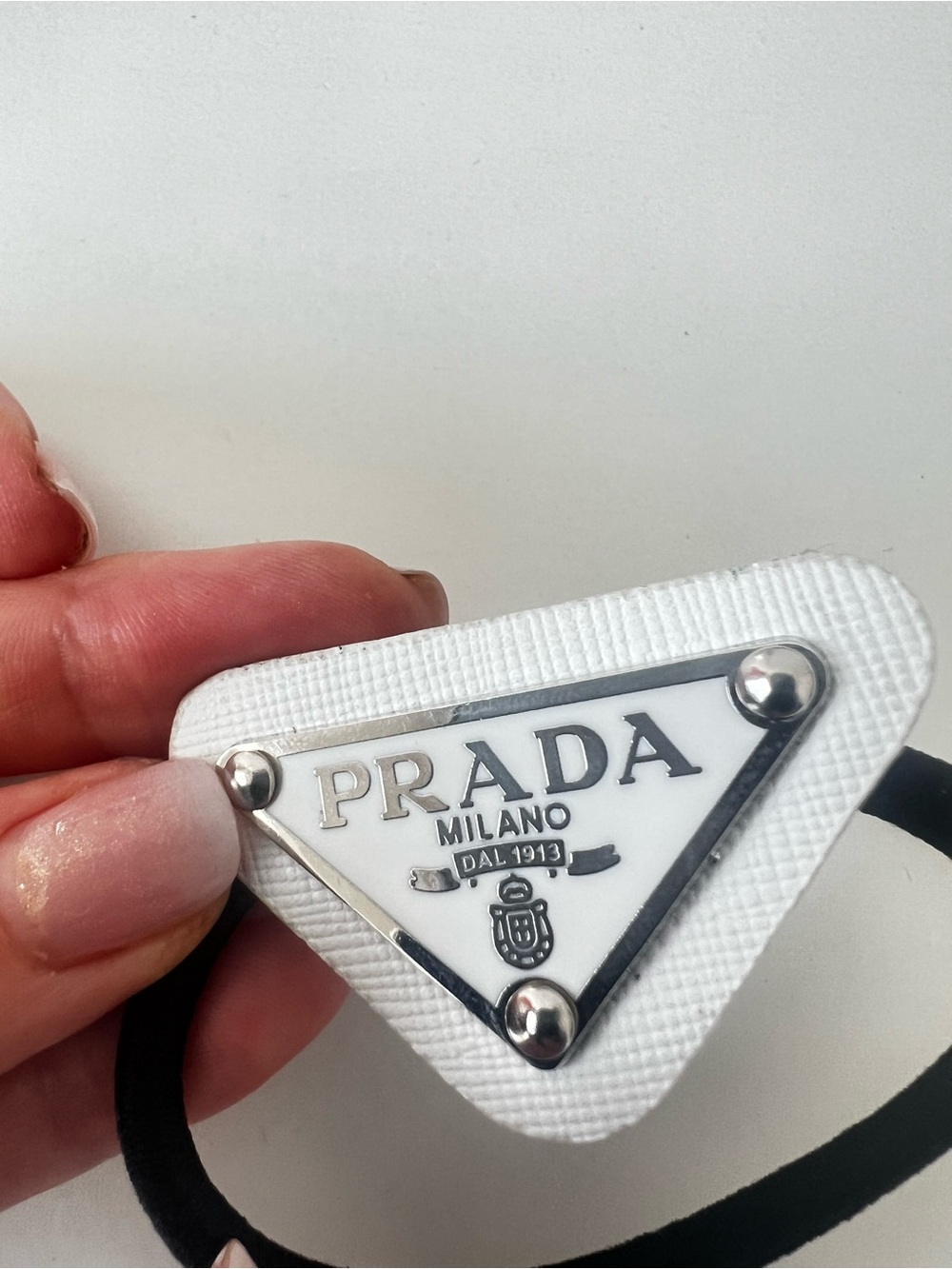 Prada White Triangle Logo Hair Elastic with Black Band - Picture 4 of 4